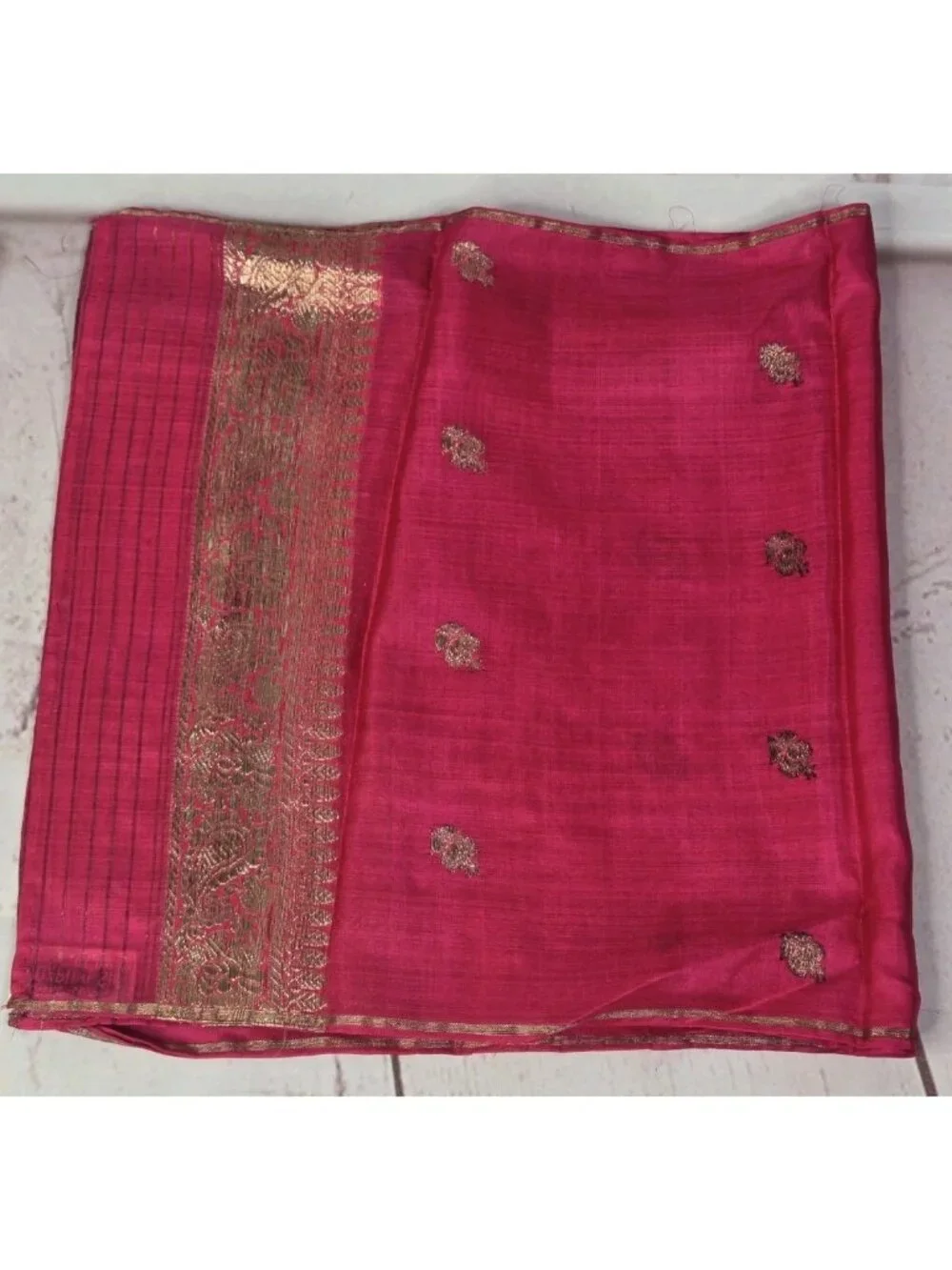 Hand Woven 100% Pure Silk MAGENTA PINK GOLD Made in India Saree Scarf @ 43